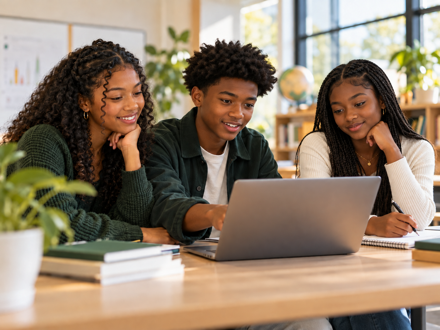 Illustrative scene of three young people collaborating on a classroom technology project